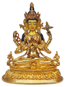 Statue de Chenrezig, Bodhisattva de la Compassion - Cuivre handcrafted avec visage plaqué or