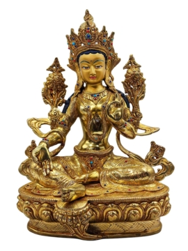 Statue en cuivre de la Tara Verte avec un visage plaqué or