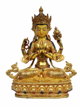 Estatua de Cobre Hecha a Mano de Chenrezig - Totalmente Baño de Oro, Bodhisattva Compasivo