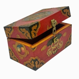 Caja ritual de madera tibetana con pintura a color