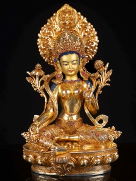 Statue de Tara Verte - Artisanat Divin en Cuivre avec Visage Plaqué Or et Éblouissantes Incrustations de Pierre