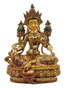 Statue de Tara Verte habilement conçue - Visage en feuille d'or, cuivre durable, 34 cm