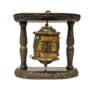 Wood and Brass Wall Prayer Wheel with Mantras