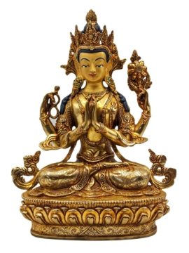 Estatua de Cobre de Chenrezig - Cara Baño de Oro, Encarnando la Compasión y la Protección