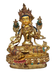 Green Tara Statue - Copper with Full Gold-Plated Face & Painted Stone Setting