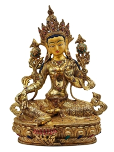 Green Tara Copper Statue - Gold-Plated Face