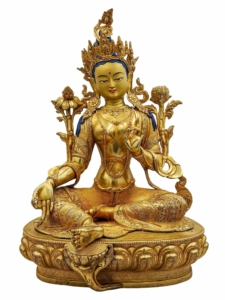Green Tara Copper Statue - Face Painted & Gold Plated