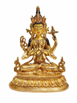 Estatua de Cobre del Bodhisattva Chenrezig con Rostro Baño en Oro - Encarnación de la Compasión