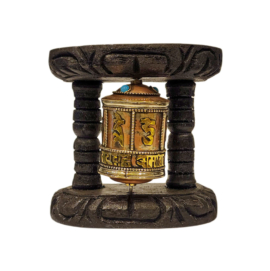 Rueda de Oración de Pared de Madera y Latón con Mantras