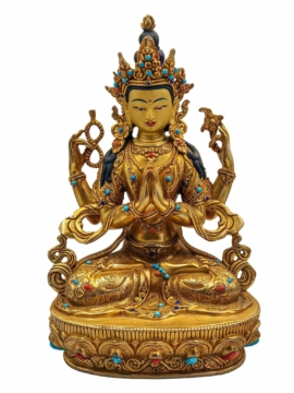 Estatua de Chenrezig de Cobre - Bodhisattva de la Compasión Baño de Oro