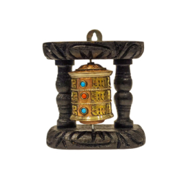 Rueda de oración de pared de madera y latón hecha a mano
