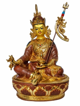 Sacred Padmasambhava Statue - Copper, Face Painted, Gold Plated, Chocolate Oxidized Finish