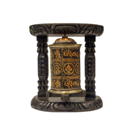 Rueda de Oración de Madera y Latón Ashtamangala