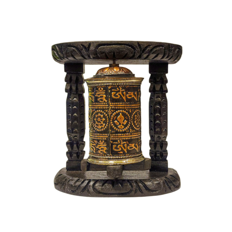 Rueda de Oración de Madera y Latón Ashtamangala