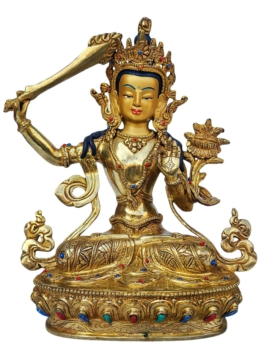 Manjushri Copper Statue - Gold Plated, 9"
