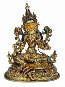 Green Tara Copper Statue with Gold-Plated Face - Symbol of Compassion and Protection
