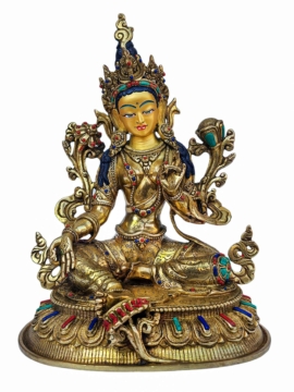 Statue en cuivre de Tara Verte avec un visage plaqué or - Symbole de Compassion et de Protection