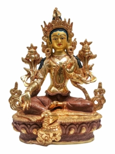 Green Tara Copper Statue - Partly Gold-Plated Goddess of Compassion