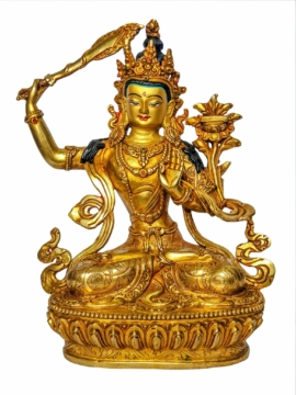 Manjushree Copper Statue - Face Painted & Gold Plated 22cm