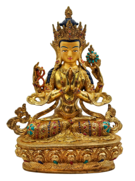Estatua de Cobre de Chenrezig con Rostro Baño en Oro – Bodhisattva de la Compasión