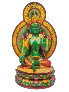 Green Tara Wooden Statue - Goddess of Compassion and Protection in Natural Finish