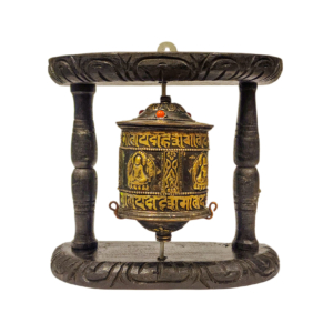 Wall-Mounted Wooden and Brass Prayer Wheel