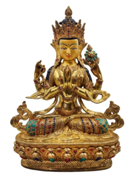 Estatua de Chenrezig - Bodhisattva de la Compasión, cara dorada, cobre de alta calidad, 34 cm