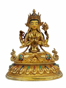 Estatua de Cobre de Chenrezig - Bodhisattva de la Compasión con Detalles Baño de Oro