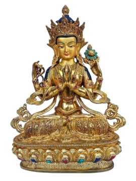 Estatua de Cobre de Chenrezig - Cara Baño de Oro y Piedra Pintada - Bodhisattva de la Compasión