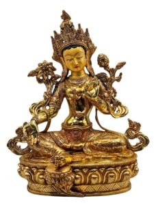 Green Tara Statue - Gold-Plated Face in Copper