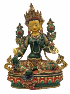 Green Tara Statue - Copper Art of Compassion with Painted Face and Stone Setting