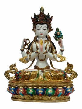 Estatua de Cobre de Chenrezig - Bodhisattva de la Compasión con Acabado Parcialmente Baño de Oro