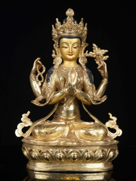 Statue de Chenrezig - Plaque pleine d'or, détails peints intricats, cuivre, 32 cm
