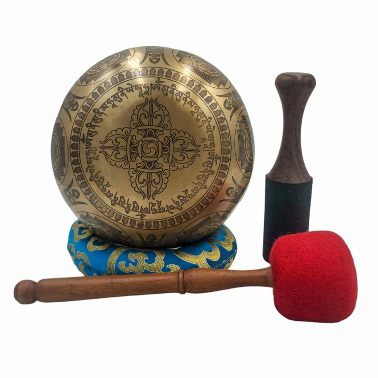 Siete cuencos de canto de bronce con diseño de mandala