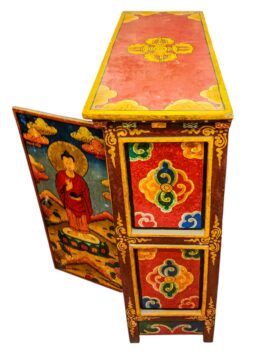 Cabinet tibétain en bois peint avec Bouddha