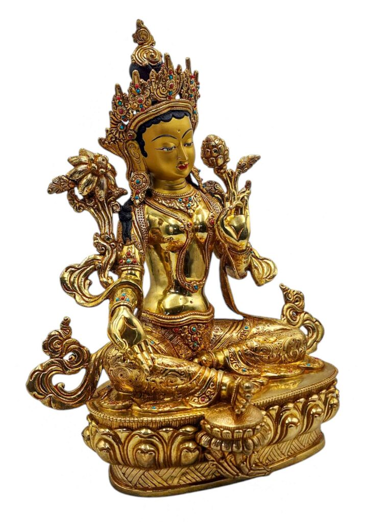 Green Tara Statue - Gold-Plated Face in Copper