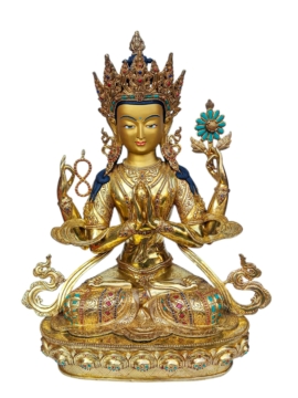Statue de Chenrezig avec un visage doré en cuivre
