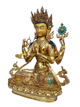 Statue de Chenrezig avec un visage doré en cuivre