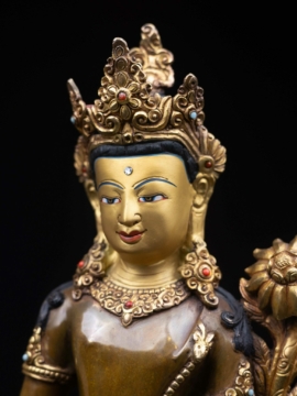 Statue en cuivre de Padmapani Lokeshvara avec moitié plaqué or et finition oxydée chocolat