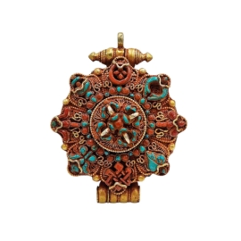 Boîte Ghau tibétaine en argent avec détails en or et pierre