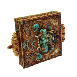 Boîte Ghau tibétaine en argent avec plaquage en or
