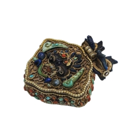 Boîte Ghau tibétaine en argent avec plaquage en or