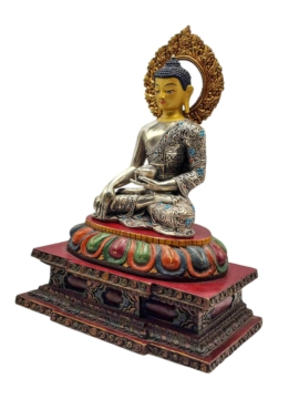 Shakyamuni Buddha Silver Statue with Copper Gold-Plated Crown on Wooden Base