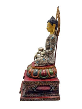 Shakyamuni Buddha Silver Statue with Copper Gold-Plated Crown on Wooden Base