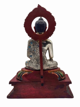 Shakyamuni Buddha Silver Statue with Copper Gold-Plated Crown on Wooden Base