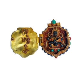 Boîte Ghau tibétaine en argent avec dorure en or