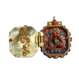 Boîte Ghau tibétaine en argent avec plaquage en or de Manjushri