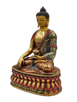 Shakyamuni Buddha Copper Statue with Gold-Plated Face and Intricate Detail