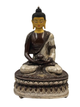 Statue du Bouddha Amitabha – Cuivre avec finition oxydée en argent et chocolat, 21 cm