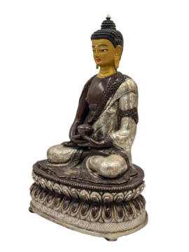 Statue du Bouddha Amitabha – Cuivre avec finition oxydée en argent et chocolat, 21 cm